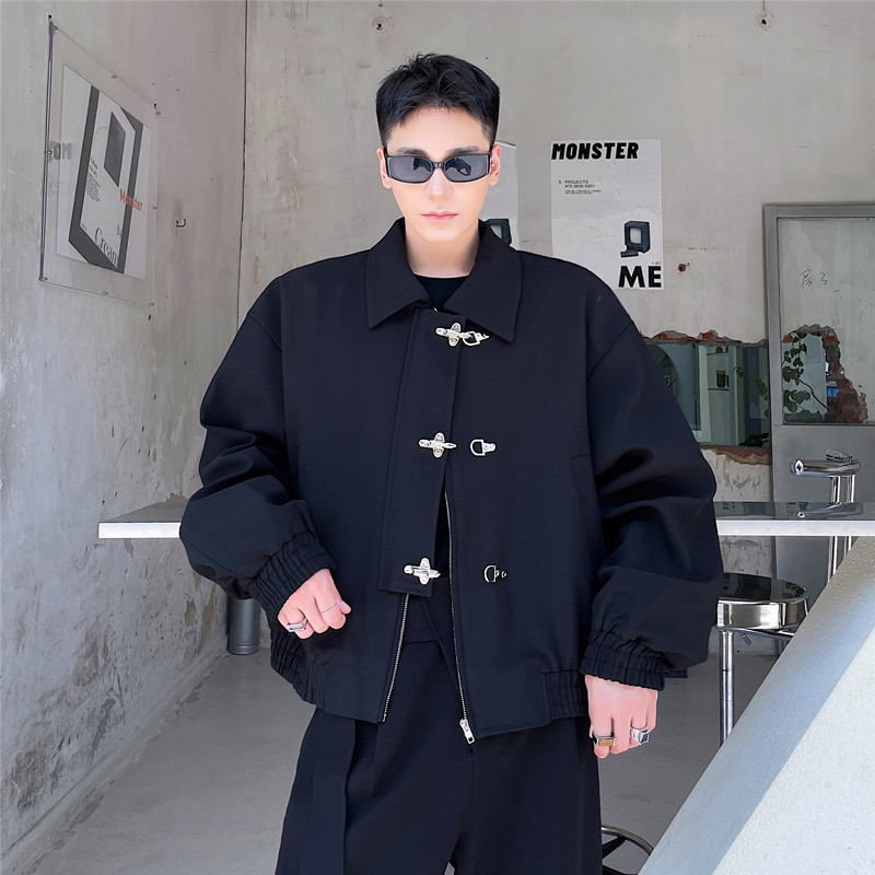 Dark Style Niche Contrasting Color Splicing Jacket Men's Niche Metal Buckle Design Korean Style High-End Handsome Short Jacket