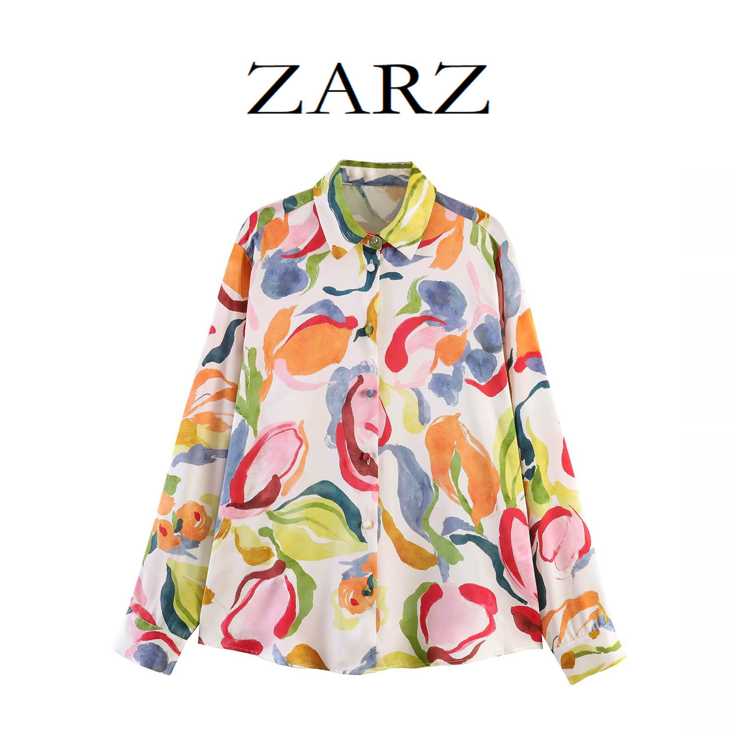 Zarz Self-Made European and American Style New Women's Clothing, Fashionable Floral Print Silk Satin Texture Shirt 3040194
