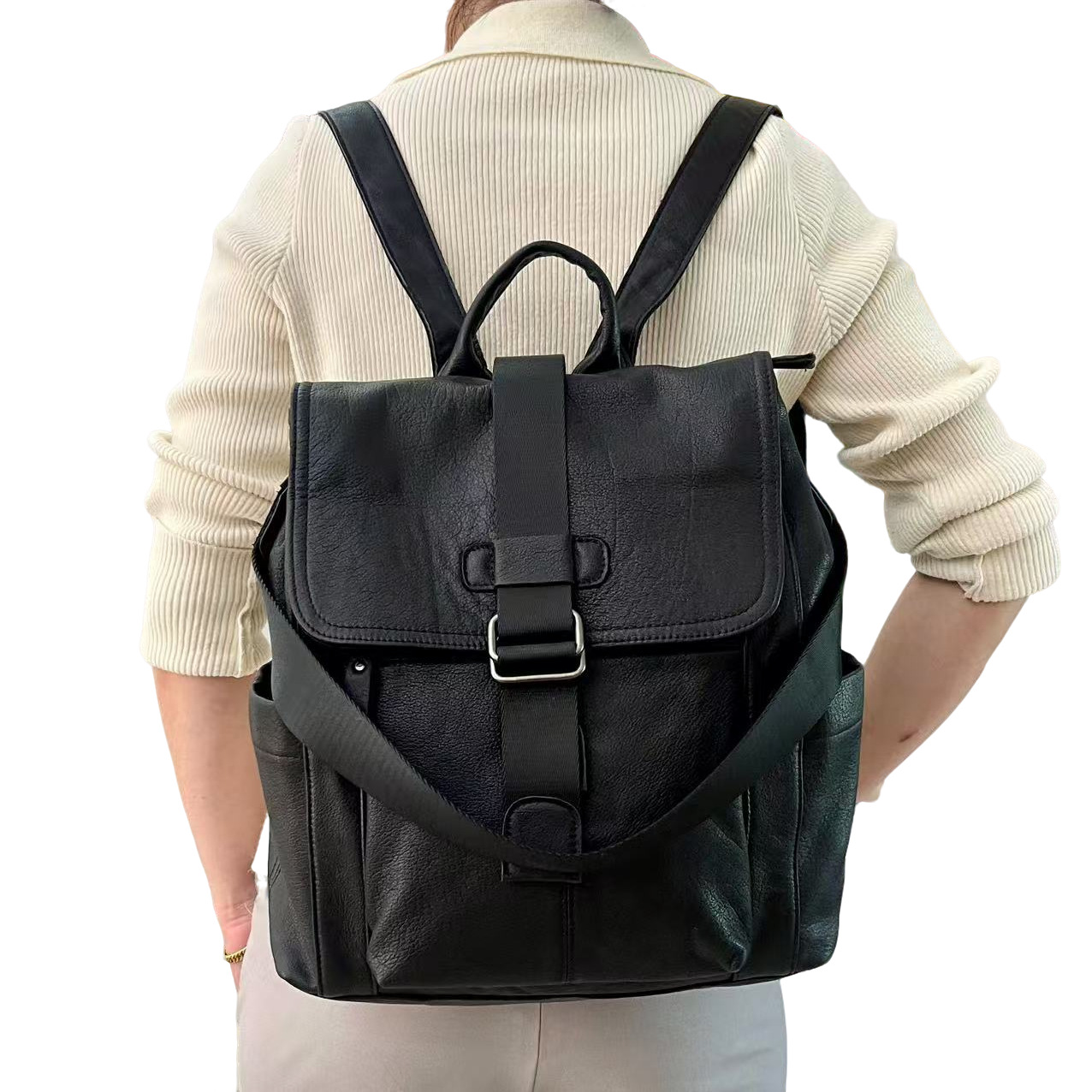 Leather Backpack, Fashionable Men's And Women's Backpack, Black Soft Cowhide Travel Backpack_voghion.com