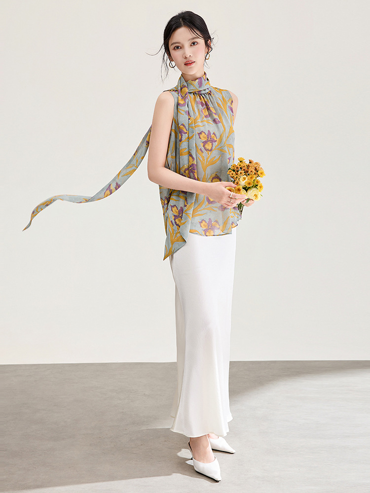 Áo hai dây nữ chất liệu chiffon in hoa, phối dây lụa, phong cách thanh lịch mùa hè — màu xám