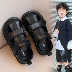 子供サンダル男の子 2025 新しい夏の男の子の靴本革包頭スポーツ黒女の子サンダル