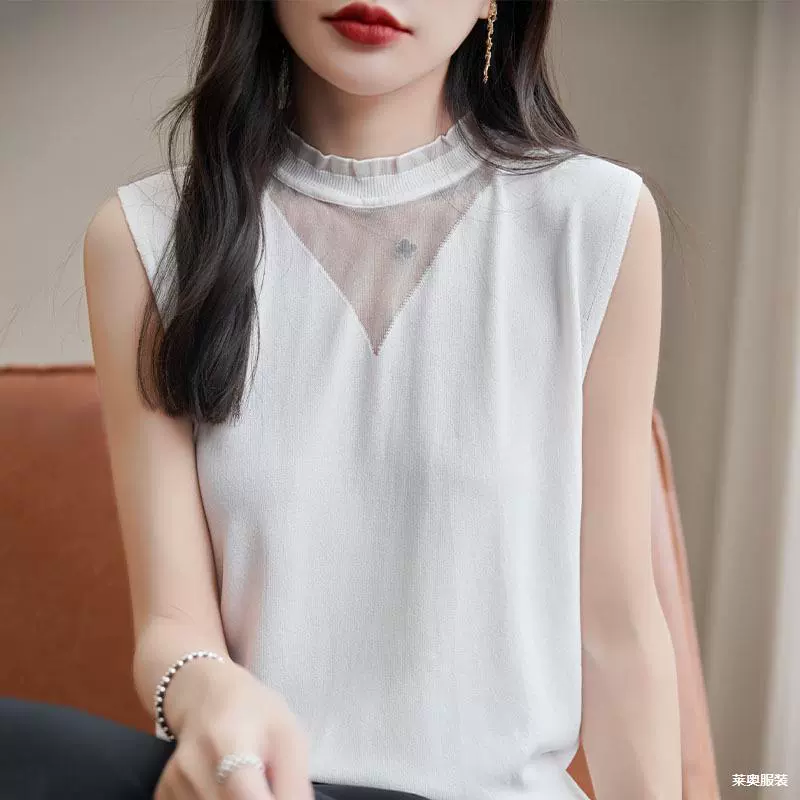 Весенний и летний новый кружевной воротник кружевной шелковый камзоловый жилет женский сплошной цвет тонкий вязаный топ без рукавов