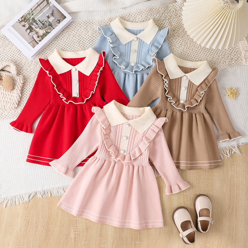 INS Bestselling Children's Knit Long Dress for Girls, Spring, Autumn, and Winter, Collar Knit Dress with Long Sleeves, Princess Dress, One-Piece Long Dress