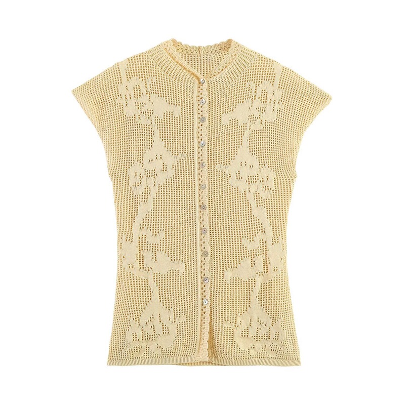 Export order! New summer women's versatile round-neck single-breasted short-sleeve hollow-out knitted top 2893030