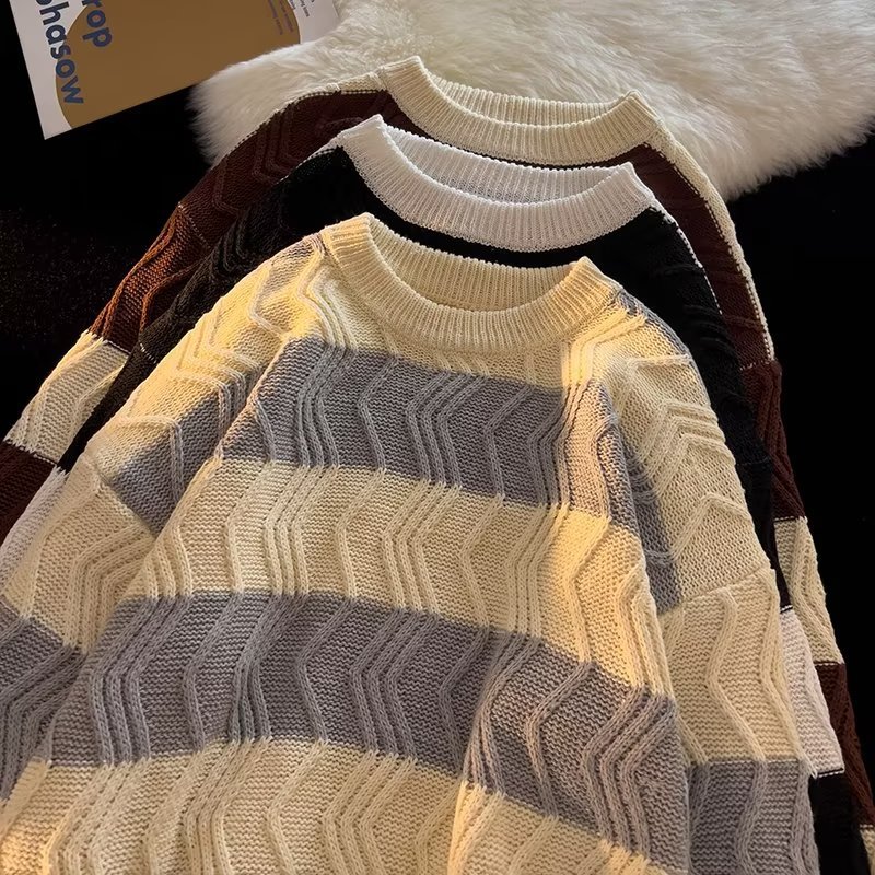 Herren Strickpullover Gestreift Retro Rundhals College Stil_voghion.com