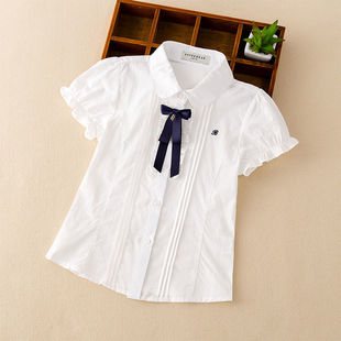 2025 Korean Style Girls' White Shirt College Style Children's Short Sleeve Top Summer Clothes Women's Western Style Middle and Big Children's Shirt Children's Clothing