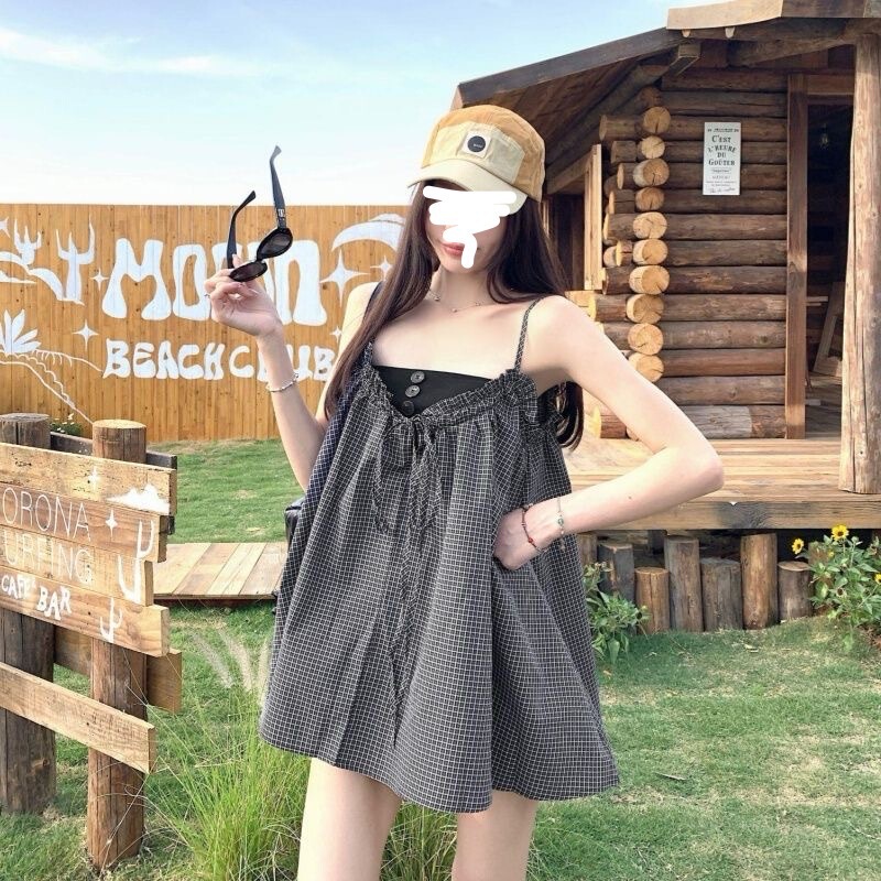 French-Style Ruffled Tie-Neck Plaid Strap Dress for Women, New Summer Loose-Fitting Slimming Tube Top A-Line Short Dress French-Style Ruffled Tie-Neck Plaid Strap Dress for Women, New Summer Loose-Fitting Slimming Tube Top A-Line Short Dress