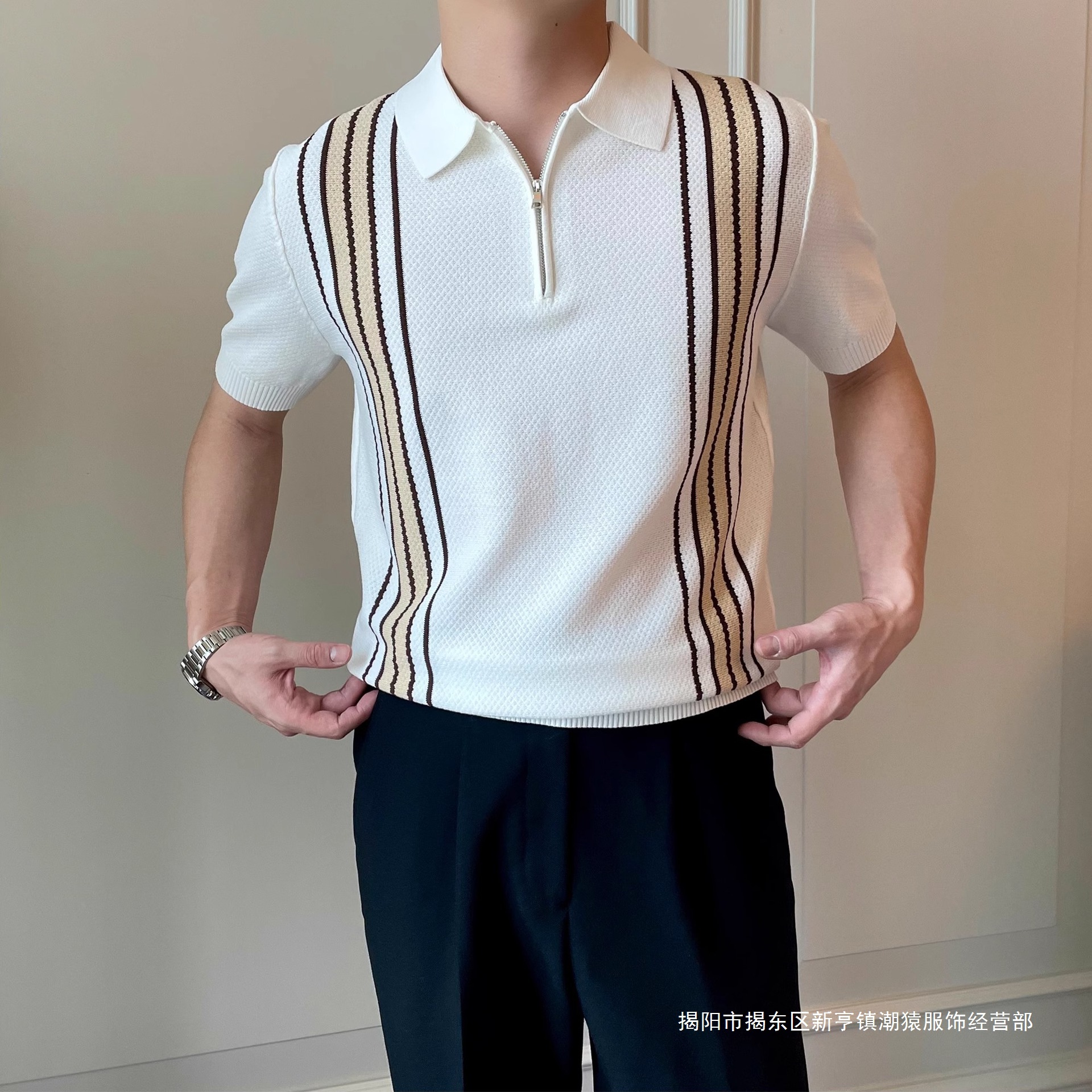 ライト高級半袖ポロシャツメンズ夏ハーフジップラペルストライプ通気性カジュアルニットトップ Tシャツドロップシッピング