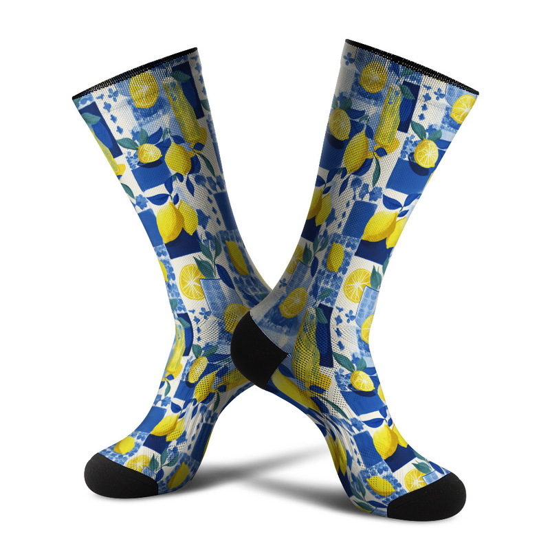 360 Seamless Digital Printing 3D Digital Printing Trendy Socks Fresh Lemon Blue and White Main Color Stockings