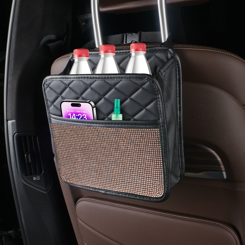 Bolsa de almacenamiento trasera de asiento de diamante de automóvil transfronterizo, bolsa colgante, caja de almacenamiento multifuncional, bolsa trasera de asiento de diamante montada en automóvil