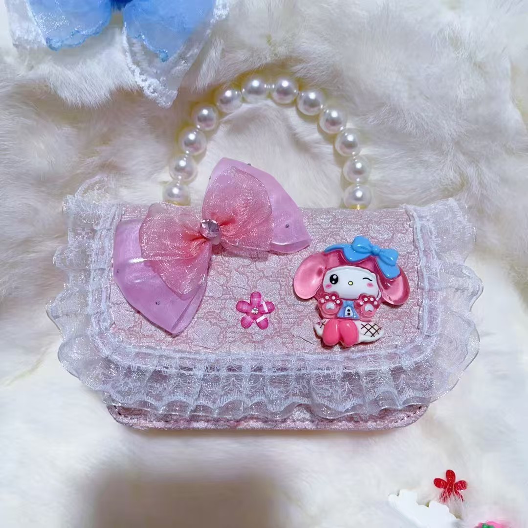 Bolso de perlas, bolso de arco, bolso de princesa Melody, bolso de Año Nuevo, bolso de hombro cuadrado de cadena de niña roja