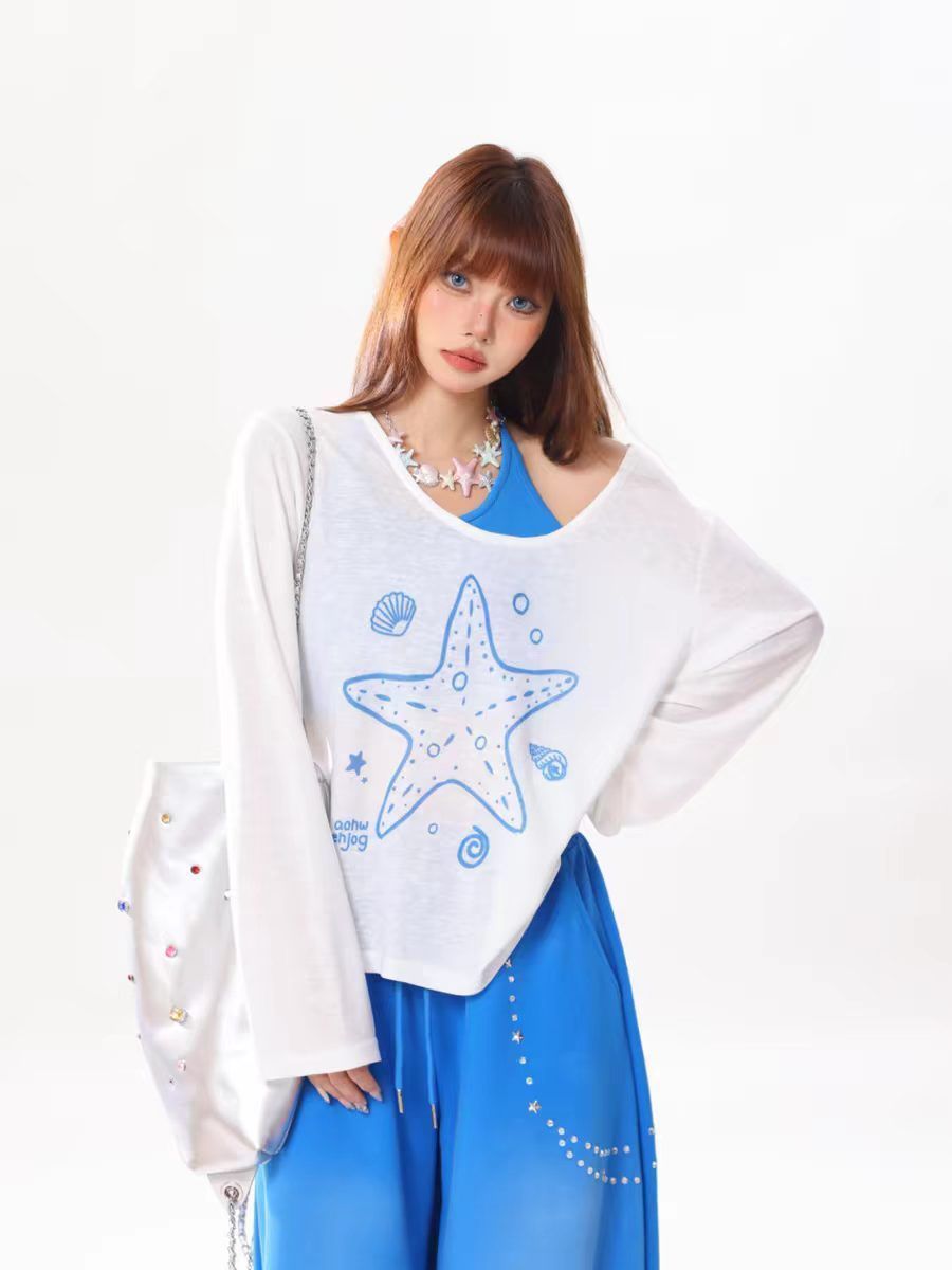 American-Style Starfish Sun-Protective Long-Sleeved T-Shirt with Chest Pads for Women, Summer Loose and Cool Style Cover-Up Vest Two-Piece Set