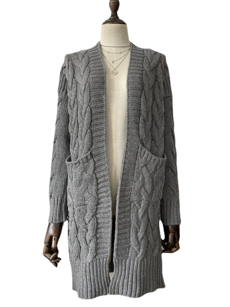 Aguja gruesa de las mujeres europeas y americanas transfronterizas Otoño e Invierno de las mujeres color sólido suelto más tamaño doble bolsillo Twist sweater cardigan Coat