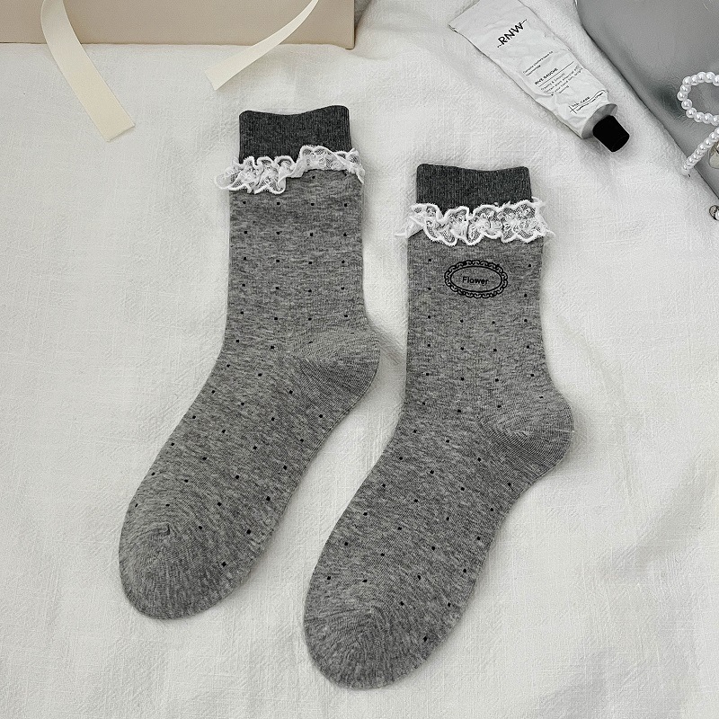 花漾年华 宫廷风蕾丝花边中筒袜韩系ins甜美波点堆堆袜子女无骨袜|undefined