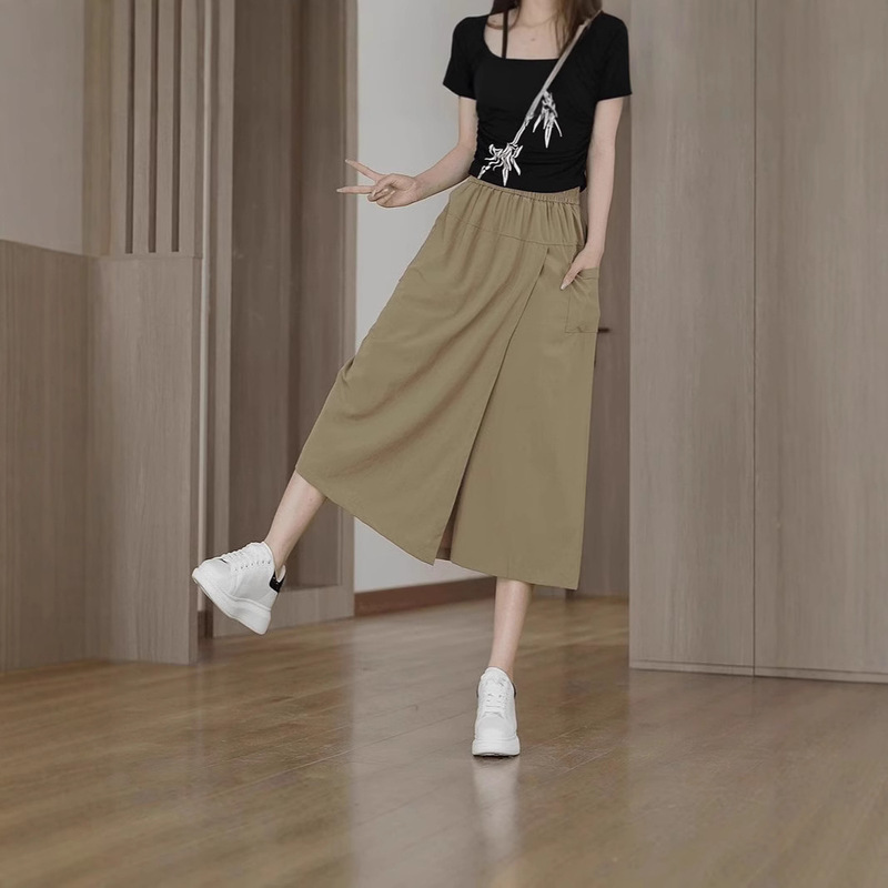 Ice Silk Casual Pants and Skirt Women's 2025 Summer Thin Dipper Slim Wide Leg Pants Small Irregular Capri Pants