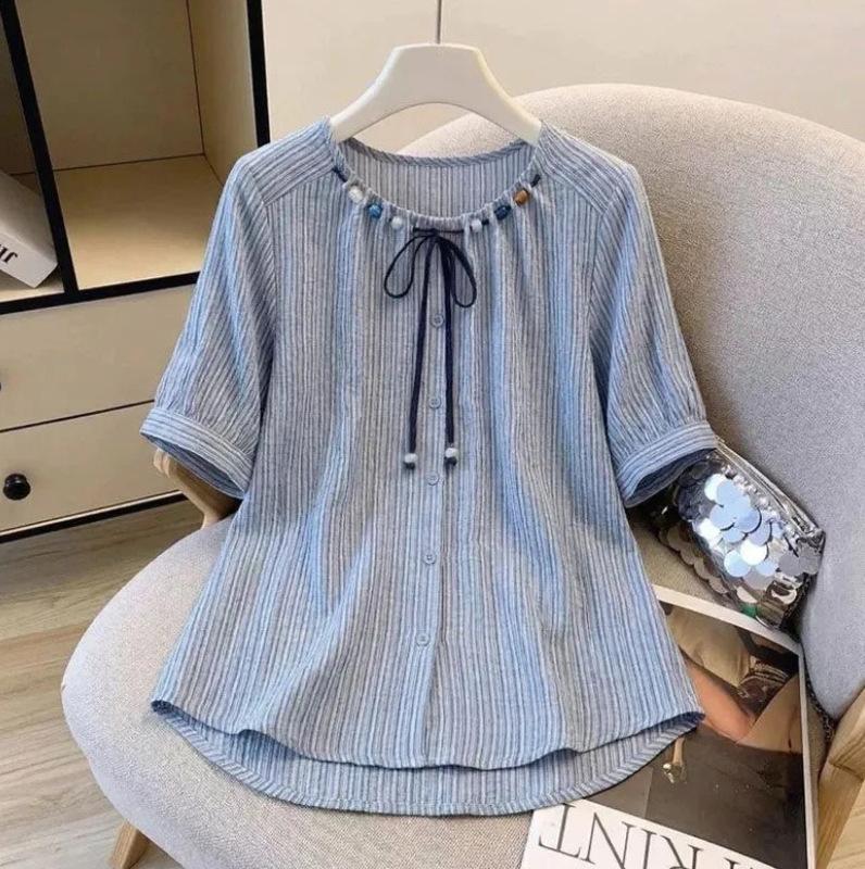 Light Blue Striped Short-Sleeve Shirt for Women, 2026 Summer New Style, Plus Size, Slightly Chubby Beaded Doll Shirt Top Light Blue Striped Short-Sleeve Shirt for Women, 2026 Summer New Style, Plus Size, Slightly Chubby Beaded Doll Shirt Top