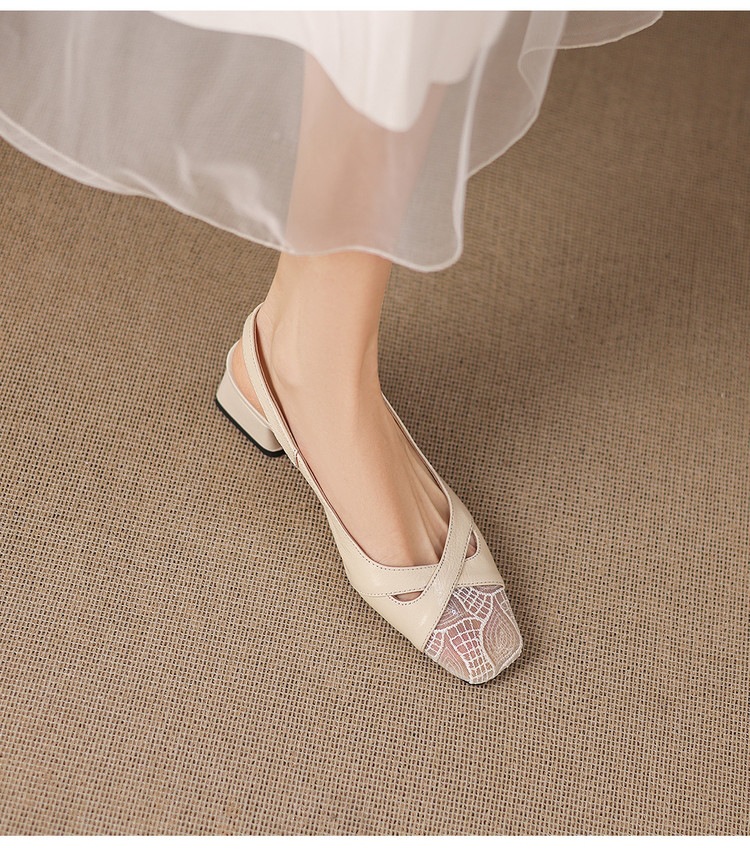 Sandal cao gót nữ hở mũi da cừu lưới phối màu quai ngang khóa — màu đen, màu trắng ngà chi tiết 12