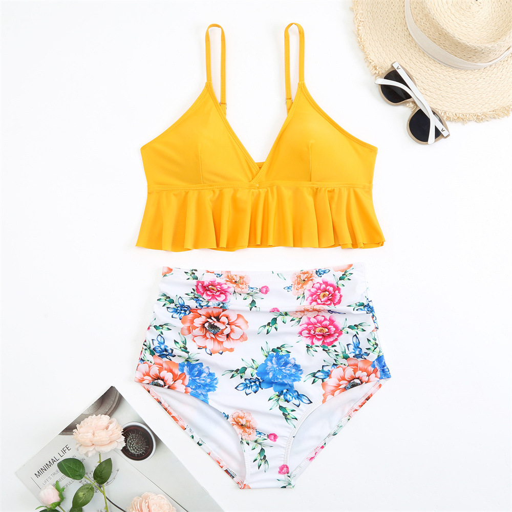 solid color stitching top printed high waist thin belt briefs swimwear set NSVNS117421