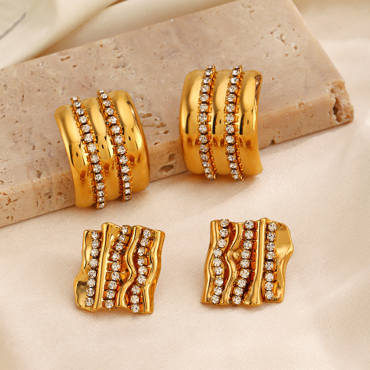 Fashionable geometric square stone inlay stainless steel with zircon