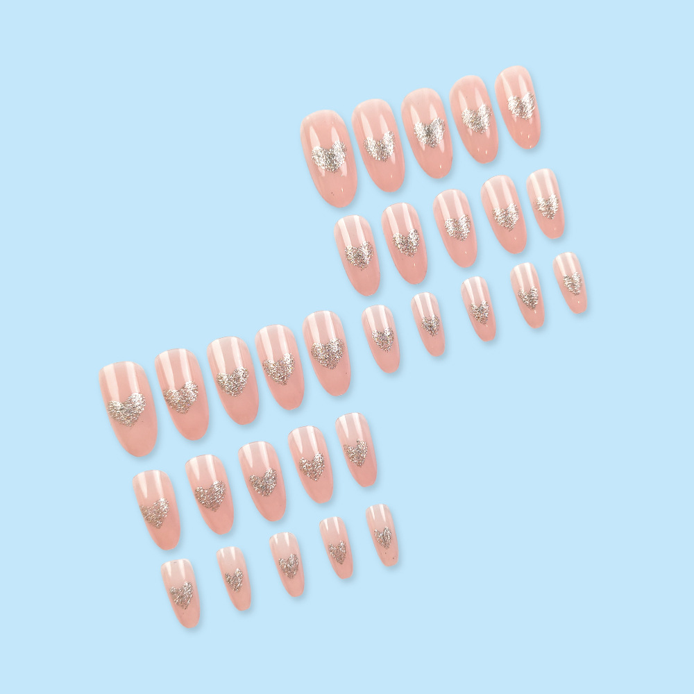 Desnudo polvo de plata brillante amor manicure, uñas de cabeza redonda, suave y dulce viento para usar uñas largas, 24 piezas de parche de uñas falsas