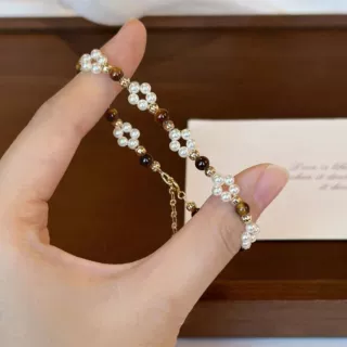 天然虎眼石施家贝珠手链女新中式美拉德色系轻奢感国学手饰