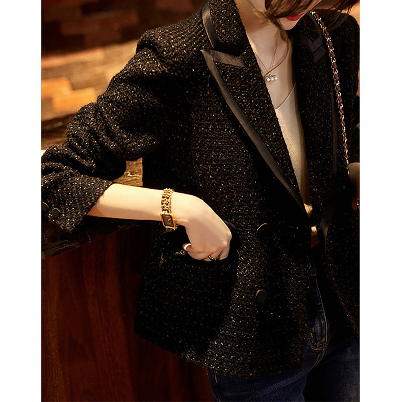 in stock manufacturers wholesale new wool tweed small fragrance black suit jacket suit collar double-breasted women