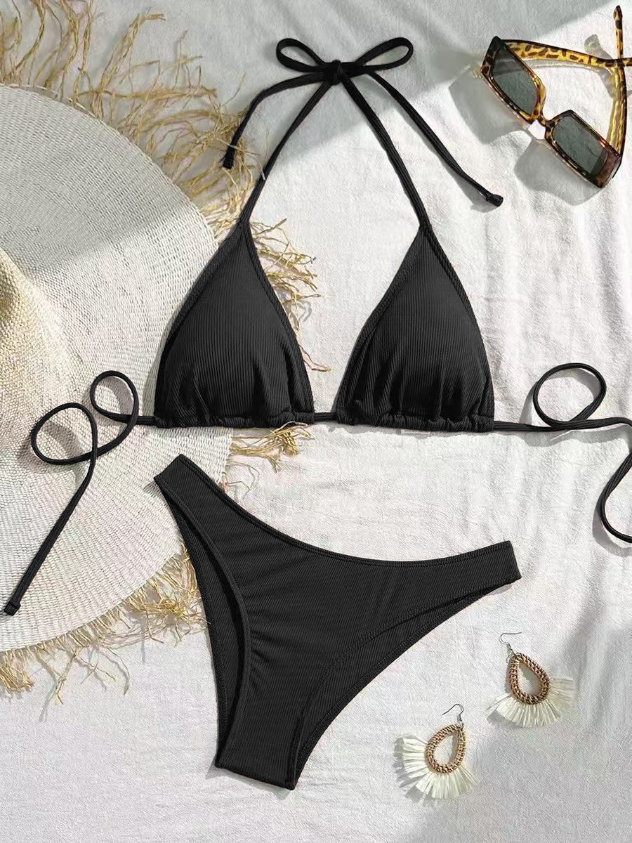 Sexy Bikini Set For Women Ribbed Solid Colour Three Piece Swimsuit_voghion.com