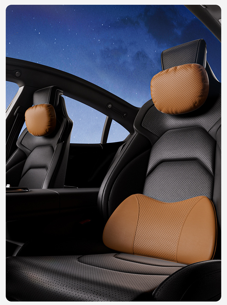 Aichewu Nappa Leather Car Headrest and Lumbar Support, Car Perforated Cushion, Memory Foam Cushion, Car Neck Pillow