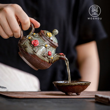 柴烧窑变茶壶手工捏花粉彩花韵茶壶岩矿材质功夫茶道手持泡茶器