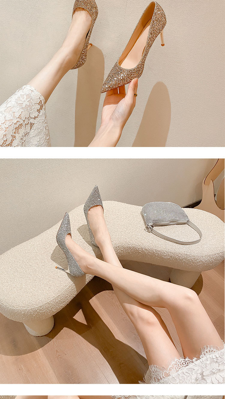 A133 scarpe da sposa con tacco sottile estivo in pelle a punta con paillettes dorate piccole e profumate scarpe da sposa da donna in stile francese_voghion.com