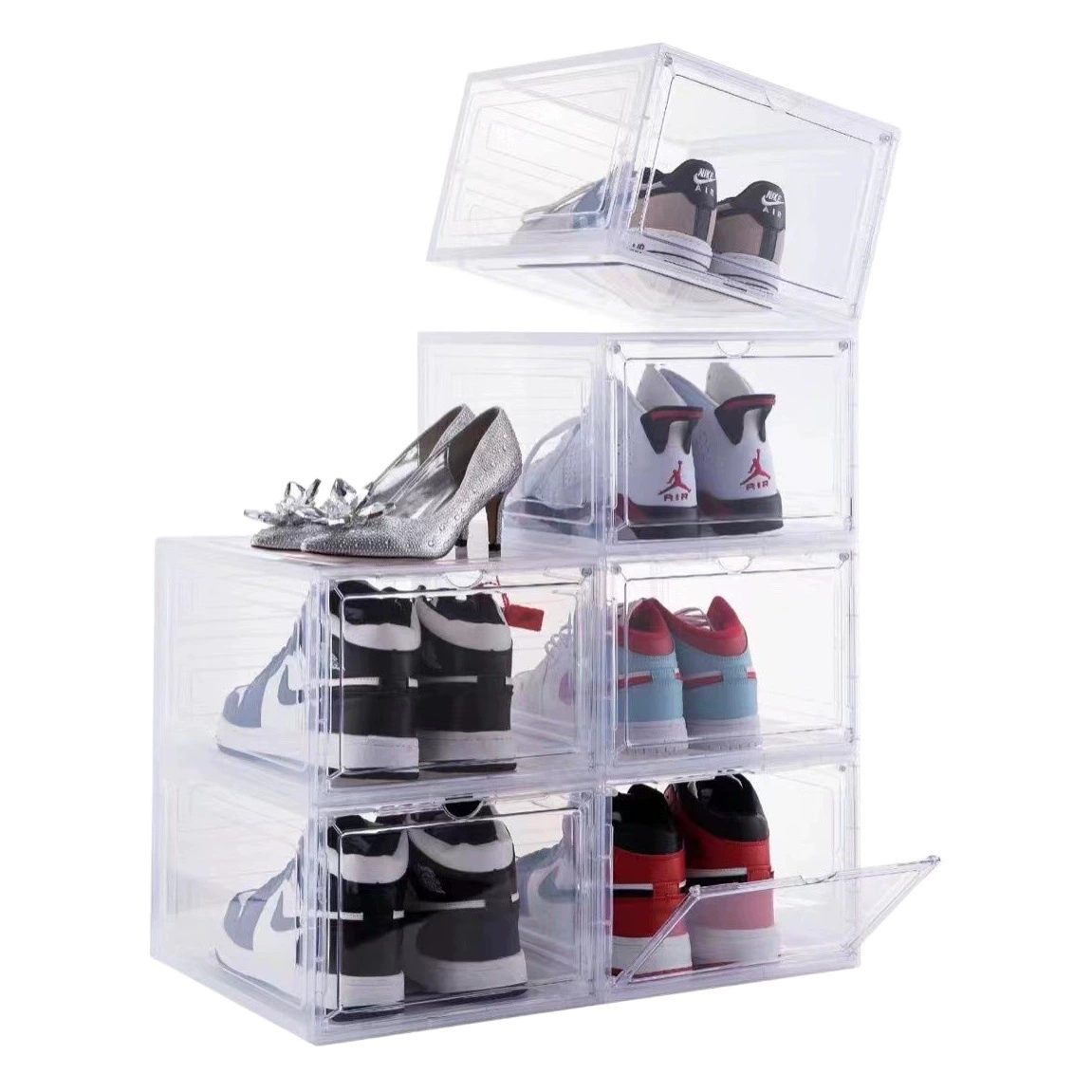 Прозрачный пластиковый складной и штабелируемый ящик для обуви с выдвижными ящиками и магнитной застежкой, для баскетбольных кроссовок, прямые продажи с фабрики