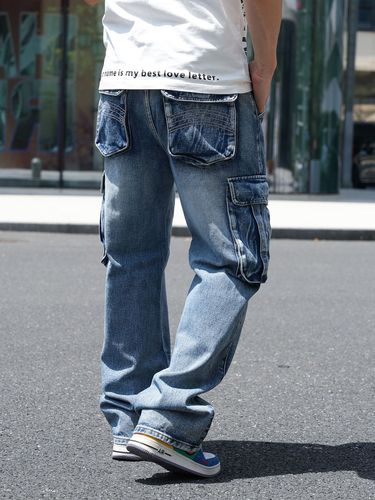 American multi-pocket European and American workwear jeans for men, wide-leg loose plus-size mirror exclusive supply