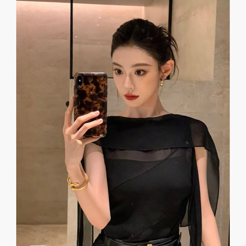 In-Stock French-Style Light Luxury Long Tie-Neck Slimming Versatile Tank Top for Petite Figures, Summer Chic Slimming Slightly Sheer Sleeveless Top