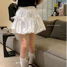 韩系少女蝴蝶结绑带蓬蓬裙子白色半身裙女夏季甜美A字短裙花苞裙
