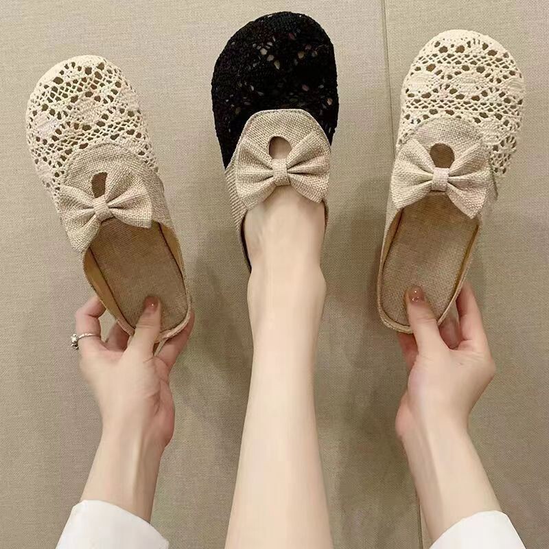 Summer Baotou Bow Slippers for Women, Retro Flat Sandals, Lazy Fisherman Shoes, Round Toe Flat Shoes for Women
