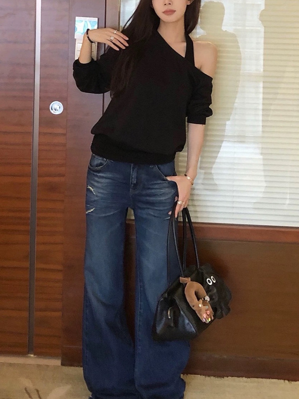 SUNONEON 天丝挂脖宽松慵懒斜肩卫衣女秋季新款美式长袖套头上衣|undefined