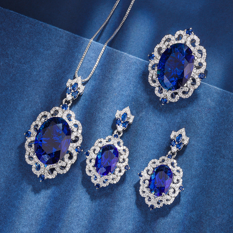 Zhuang Shengsheng Jewelry, fondo de cobre, juego de cristal puntiagudo azul de simulación chapado en oro, estilo creativo, incrustaciones de lujo de diamantes completos 13*18-8*12
