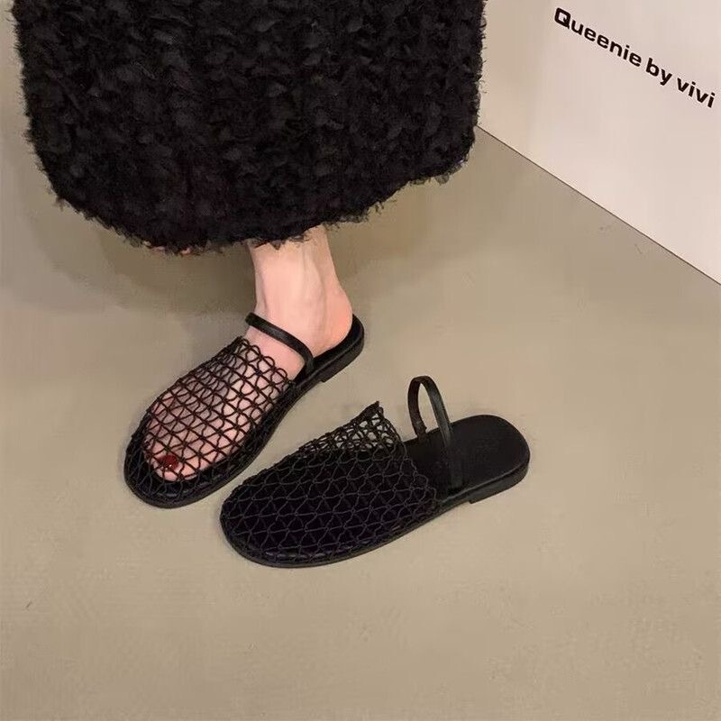 Daily Simple One-Line Flat Sandals with Round Toe, Summer New Design Mesh Woven Hollow Toe Slippers