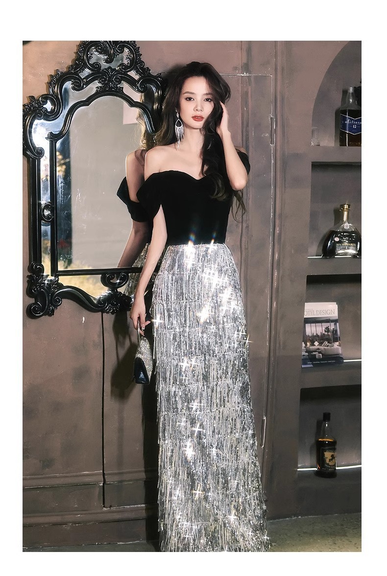 Đầm dạ hội nữ trễ vai đính sequin phong cách Pháp — Màu hình ảnh mẫu dài chi tiết 12