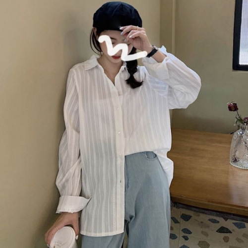 Chic Korean Style White Striped Women's Thin Shirt 2025 Spring Design Sensory Loose Long-Sleeve Blouse Summer