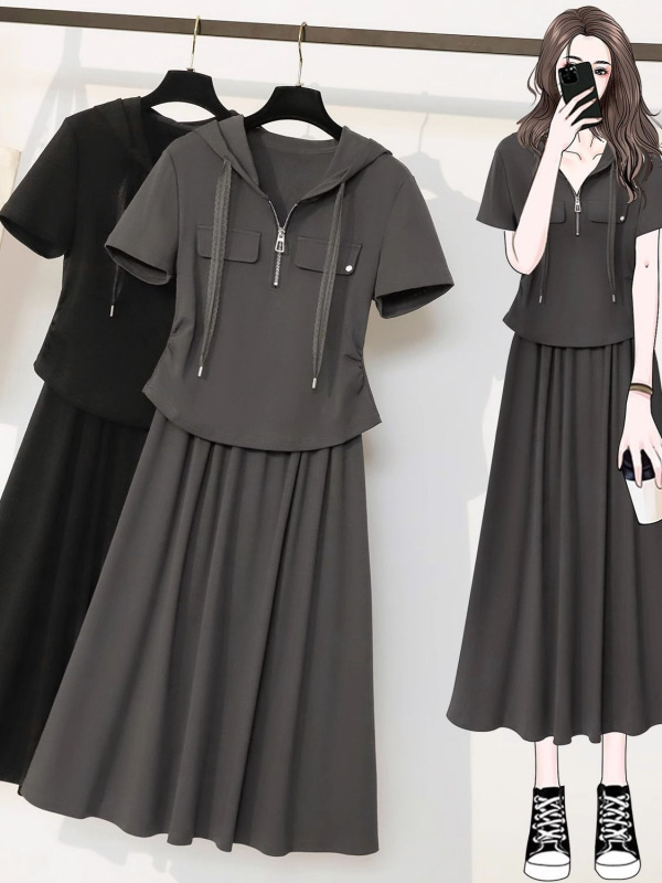 大きいサイズmm夏服、ファッショナブルでスリムなmmスーツ、レディース夏用フード付き半袖Tシャツ、ハイウエストスカート2枚|undefined