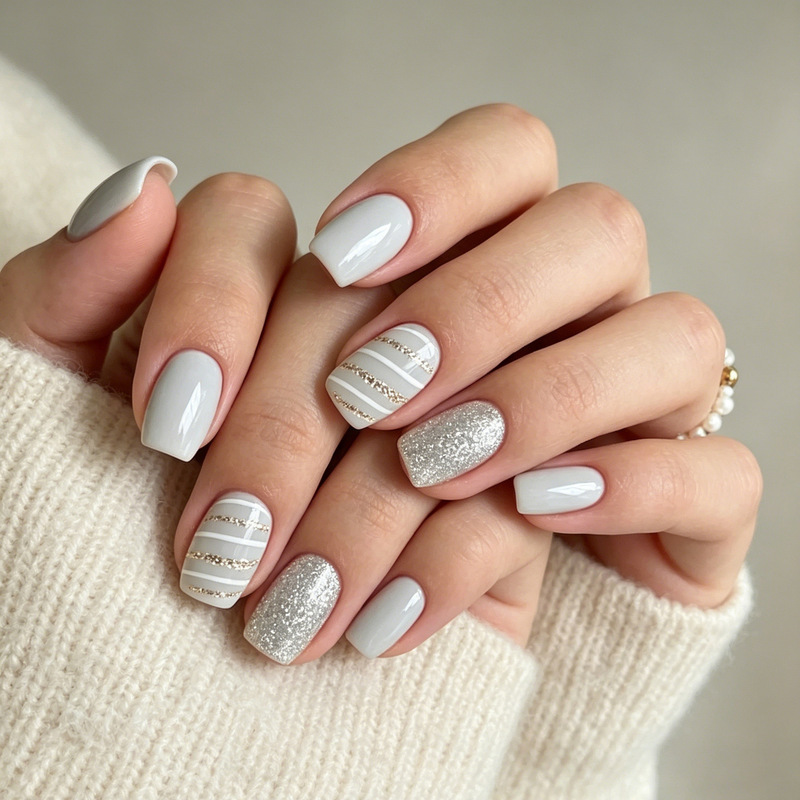 New Foreign Trade Model 24-Piece Nail Tips, Fresh and Simple Design with Glitter Stripes, Short Square Press-On Nails Wholesale