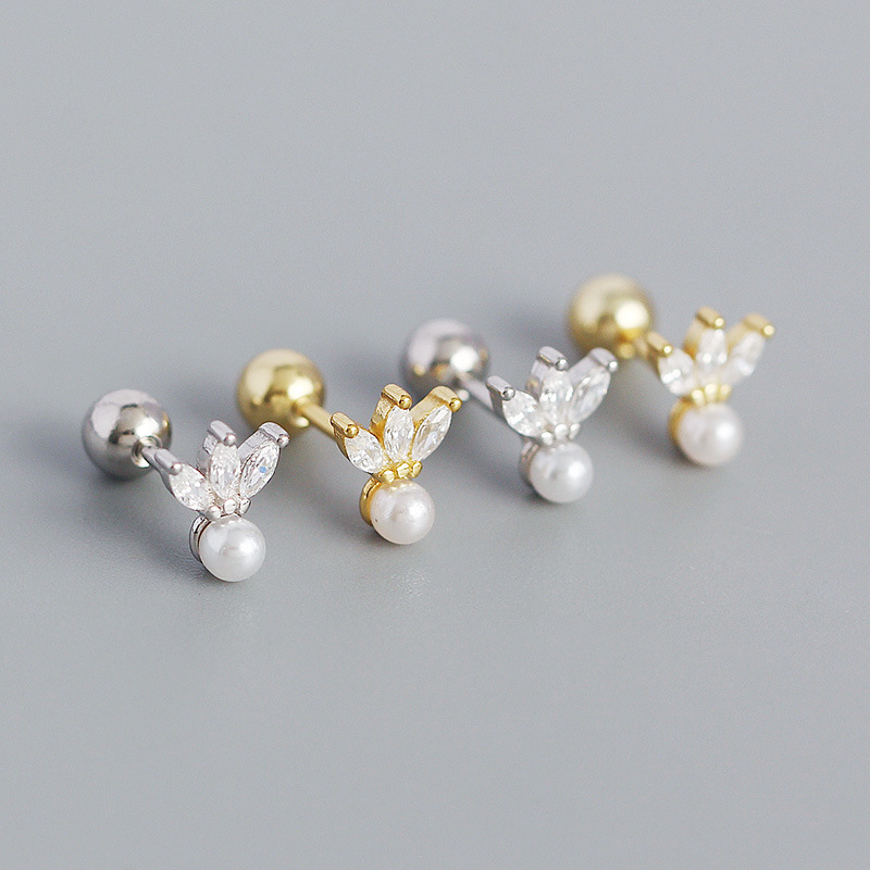 4g Weight 0.03µm Gold Plating Thickness 1 Pair 925 Sterling Silver Artificial Pearls Zircon Geometric Ear Studs
