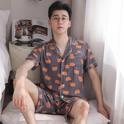 短袖短裤绵绸睡衣男士夏季薄款人造棉家居服日系简约绵绸大码套装|ru
