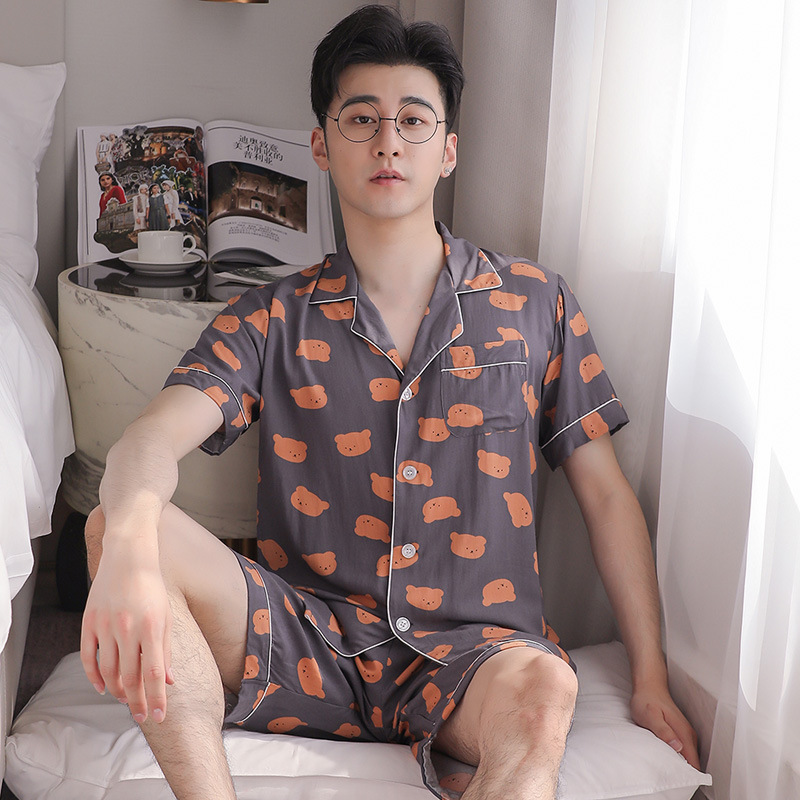 短袖短裤绵绸睡衣男士夏季薄款人造棉家居服日系简约绵绸大码套装|ru