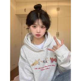 女童灰色加绒加厚连帽羔羔绒卫衣中大童秋冬季爆宽松东北超厚内搭