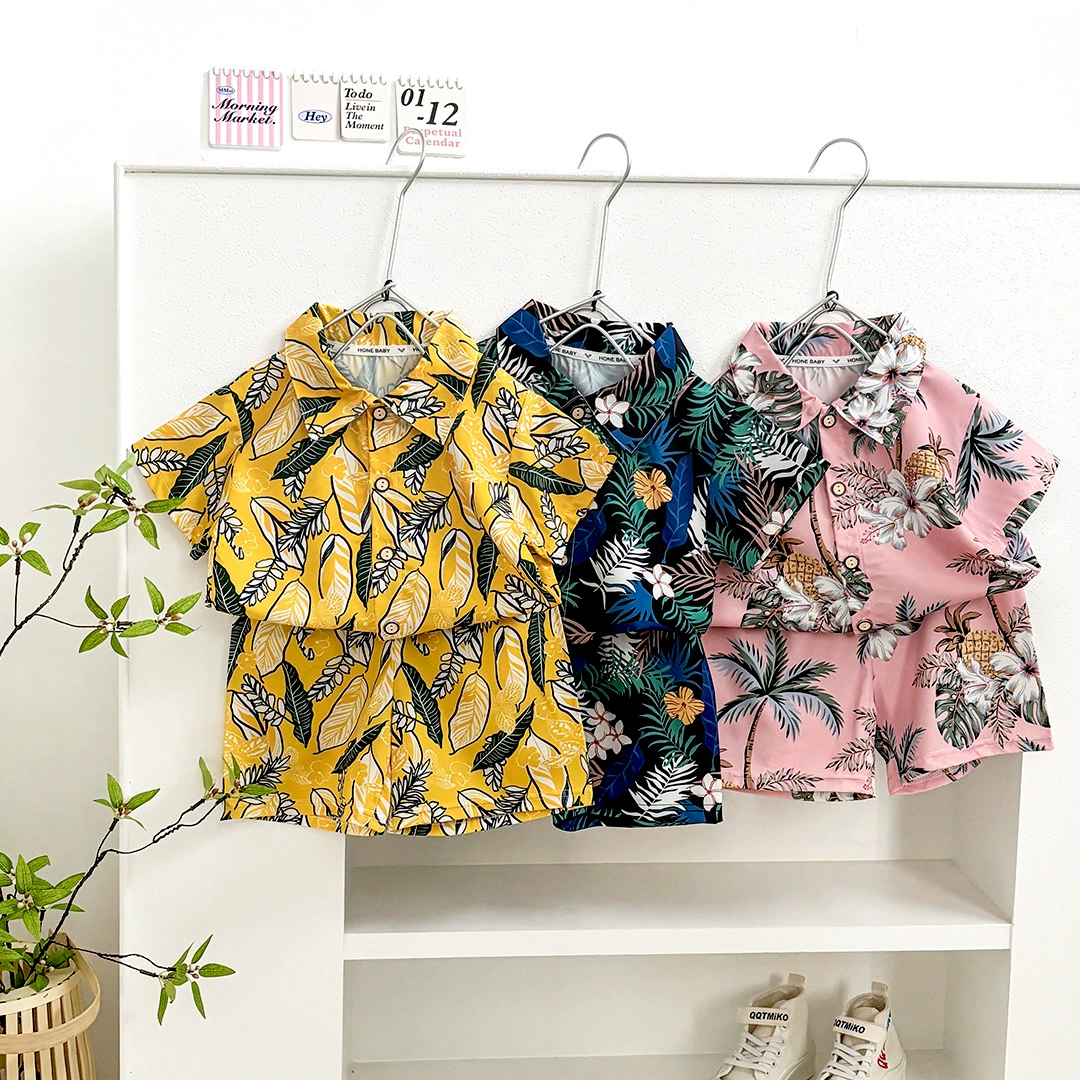 Новый набор детских пляжных рубашек с короткими рукавами для мальчиков и девочек свободные цветочные рубашки для отдыха ветер короткие рукава шорты из двух частей