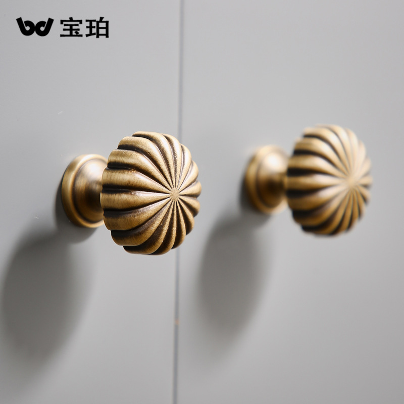 簡約古銅色櫃門櫥櫃黃銅拉手衣櫃鞋櫃門歐式復古南瓜酒櫃全銅把手