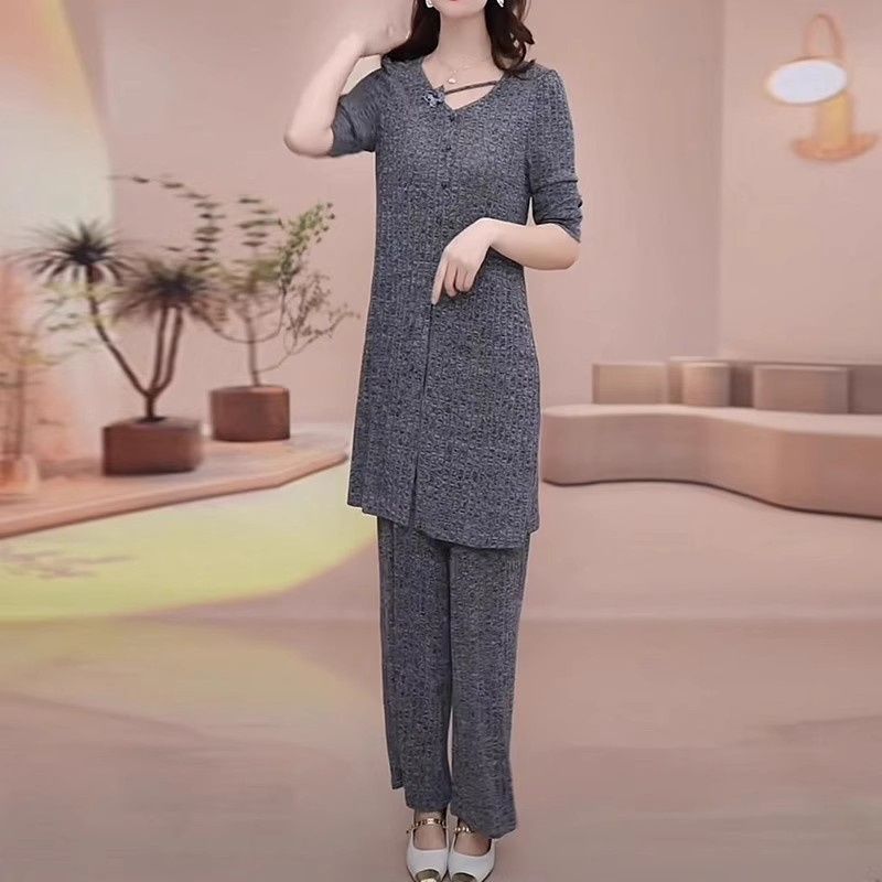 秋冬季洋气女装质遮肚时尚休闲套装女显瘦中长款上衣阔腿裤两件套|undefined