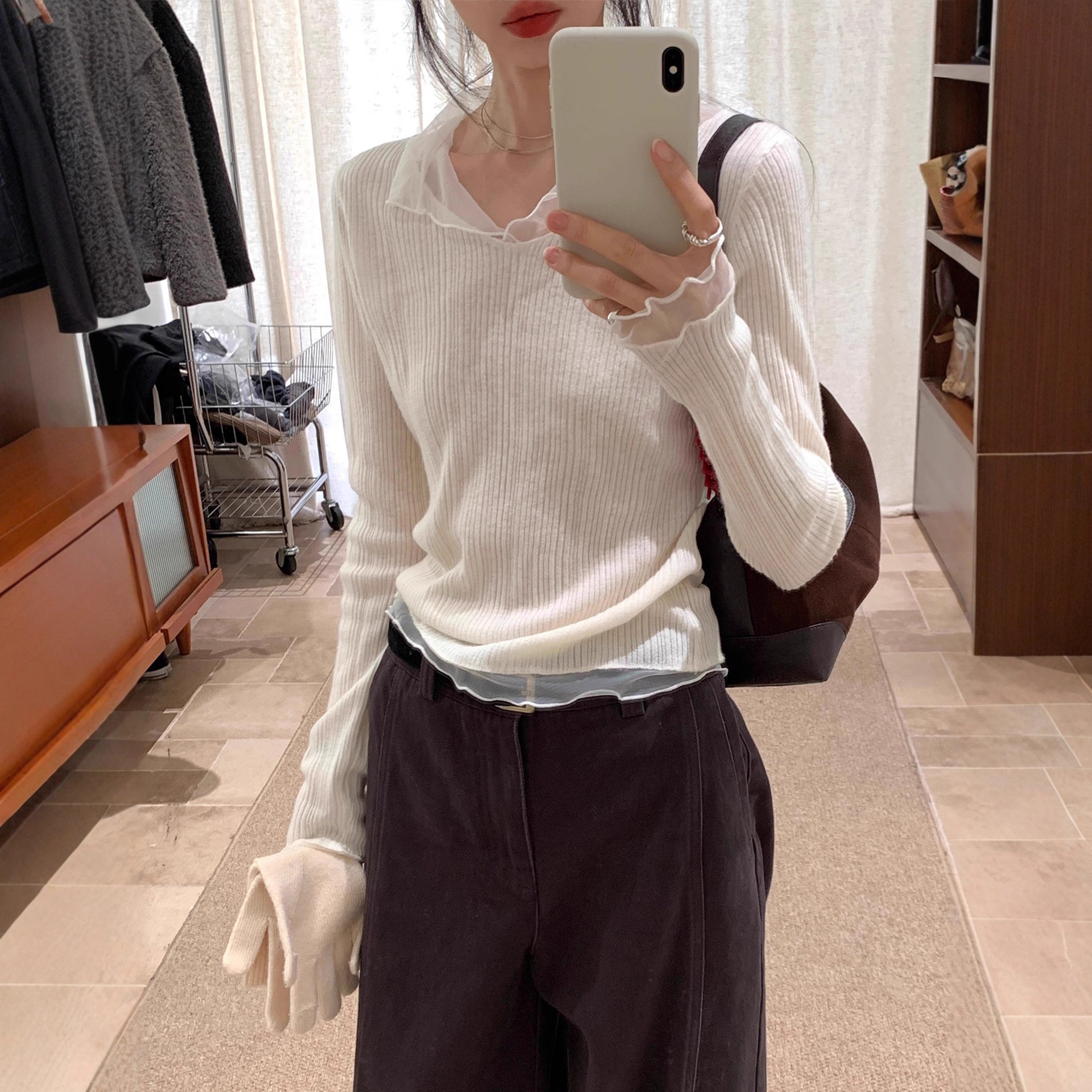 100% Fine Wool! Korean-Style Sweet and Elegant Mesh Slimming Knit Base Shirt for Women, New Trendy Model for Autumn and Winter 2026